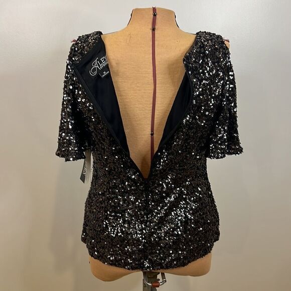 NWT Alex Evenings Black Sequin Cold Shoulder Blouse - Size Medium - Picture 10 of 14